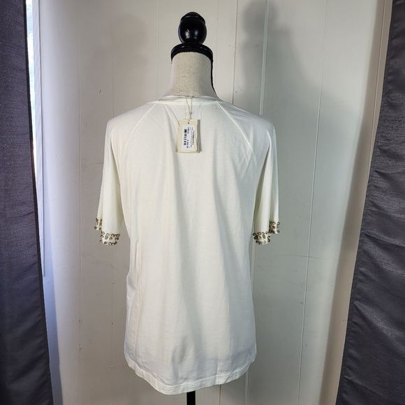 MAJE Whote Rhinestone Sleeve Relaxed Fit Crew Neck Tee Size 2 - Picture 5 of 5